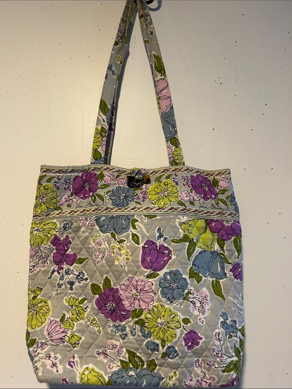 Vera Bradley Quilted Floral Tote in Gray, Purple & Green